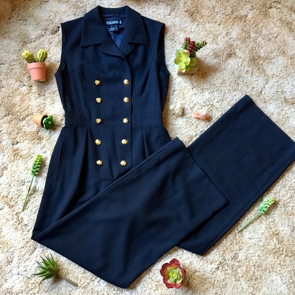 {Vintage Escada} Gold Button Dressy Black Jumpsuit - Picture 2 of 8